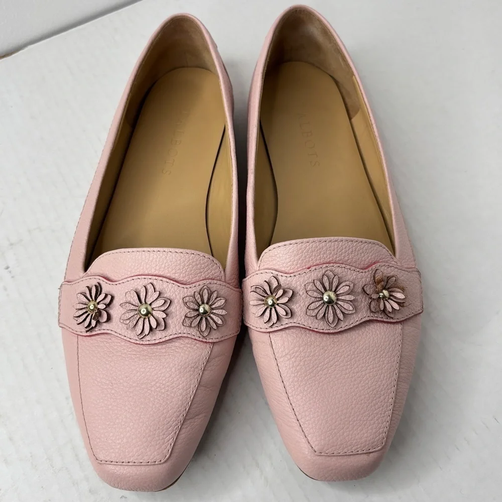 Talbots Pink Leather Loafers Ballet Flats Floral Vamp Strap 8.5 WIDE Preppy